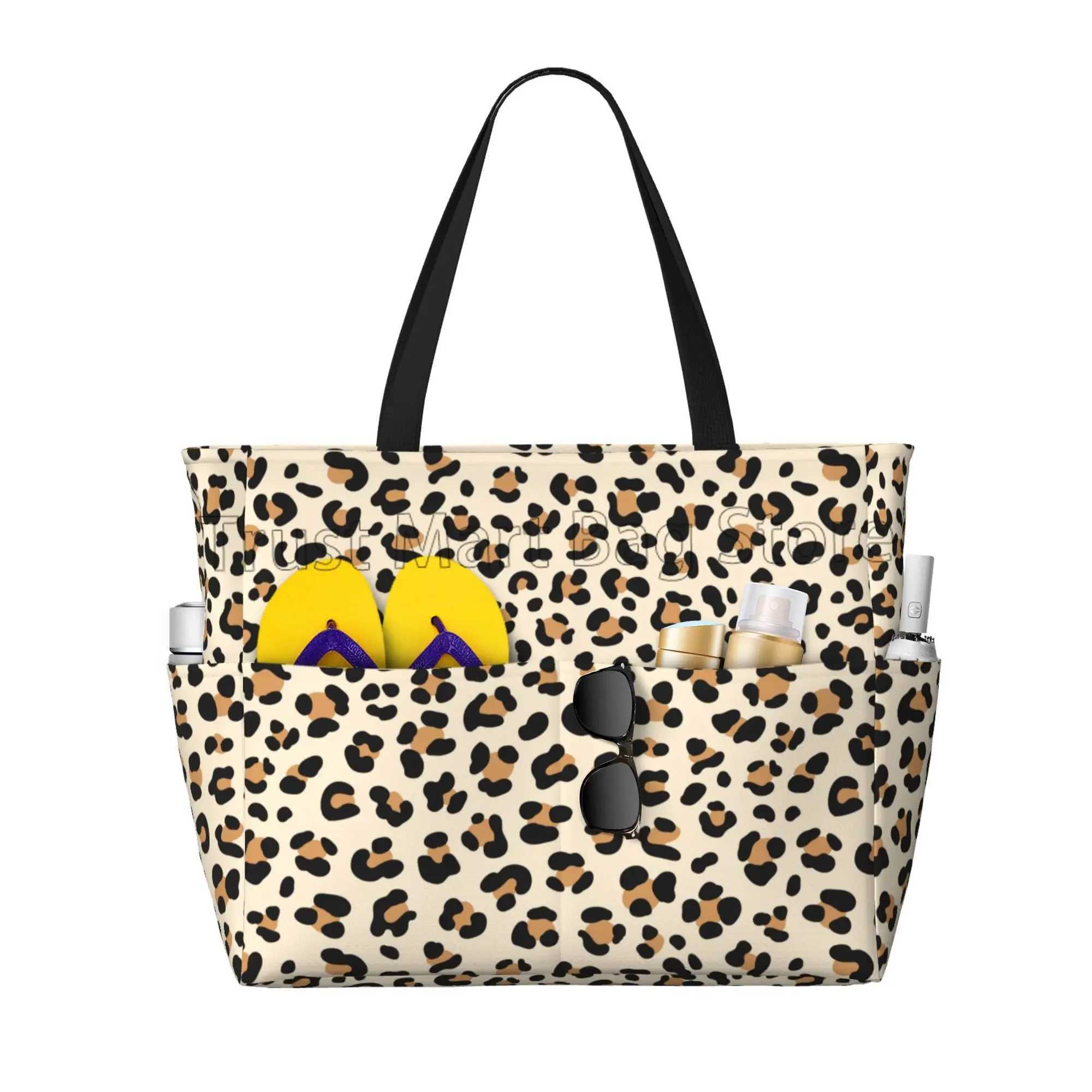 Leopard Print Large Waterproof Beach Bag Womens Beach Handbag Swimming Pool Bag with Zipper and Pocket Used for Travel Vacation Gym Z250219