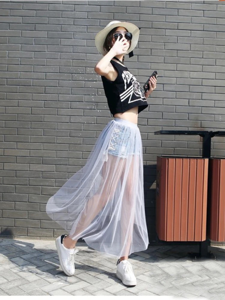2024 Summer Long Lace Skirt Women Black White Mesh Voile Casual Skirts Low Waist Bohemian Sexy Transparent Maxi Wear 250220
