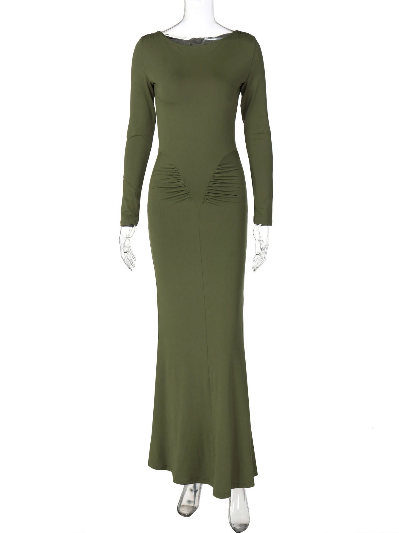 Hugcitar Autumn Solid Long Sleeve Draped Sexy Bodycon Maxi Prom Dress Women Fashion Y2K Outfits Evening Party Festival 250219