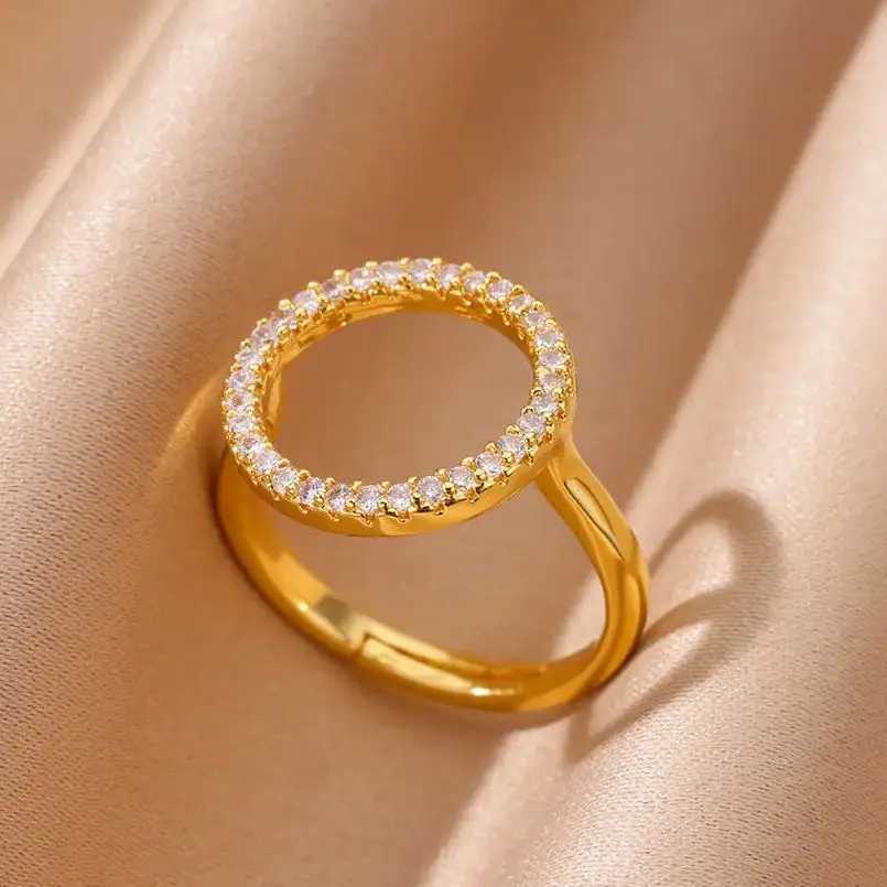 Fashion Zircon Hollow Round Rings for Wen Stainless Steel Gold Color Adjustable Wedding Ring Aesthetic Jewelry Gift rings X250220