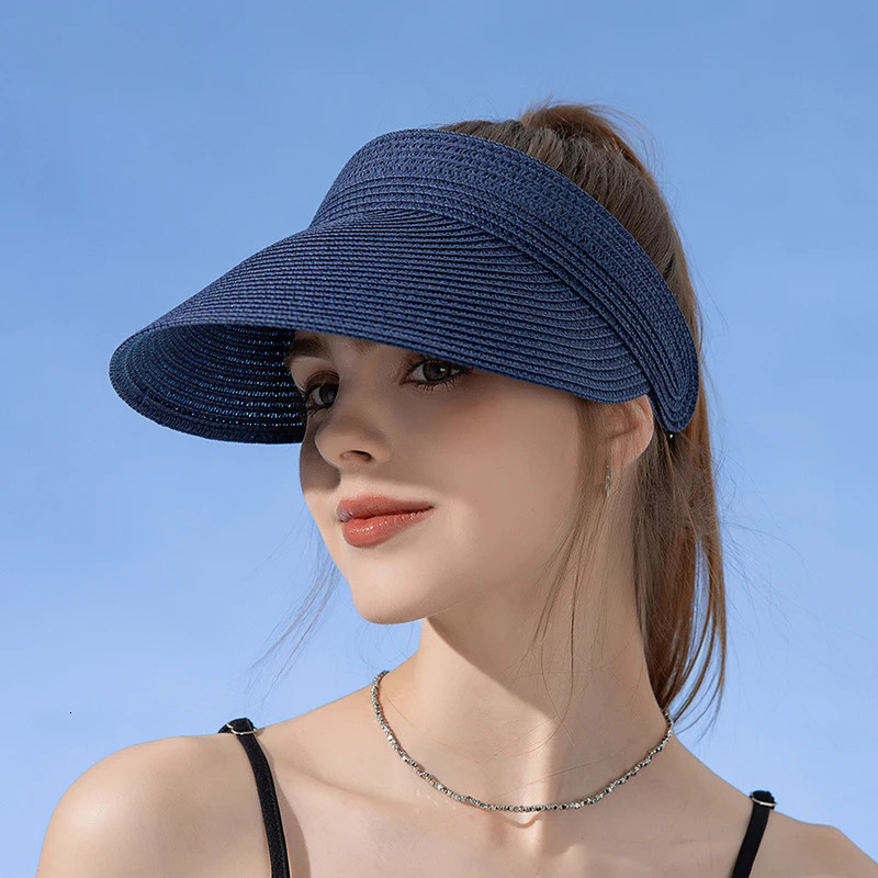 Womens Summer Empty Top Visor Caps Fashion Straw Hats Anti UV Sun Hat For Female Outdoor Long Wide Brim Beach Caps 250219
