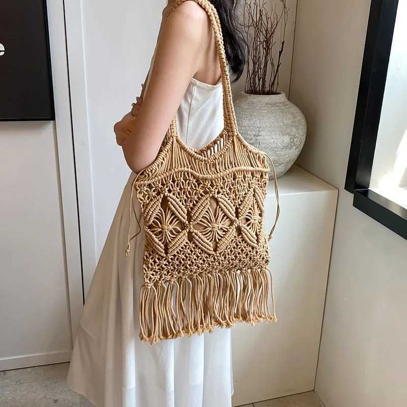 Summer beach bag womens mesh rope knitted bucket shoulder bag mesh hollow travel shopping bag womens fashion handbag Z250219