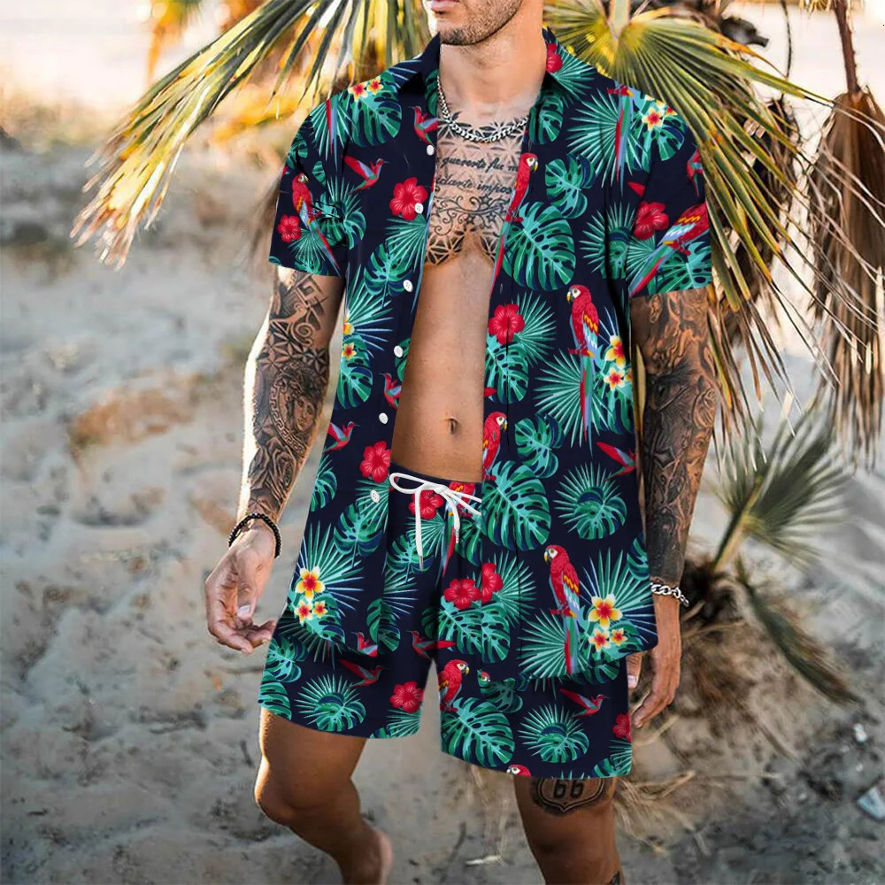 Hawaii Beach Fashion Mens Shirt Set Flamingo 3D Printed Loose Short Sleeve Shorts Shirts 2Pcs Holiday Casual Suits 250220