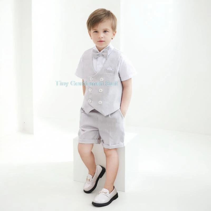 Childrens Summer Vest Suit Set Kids Fashion Wedding Host Birthday Pography Costume Kids Waistcoat Shorts Bowtie Outfit 250219