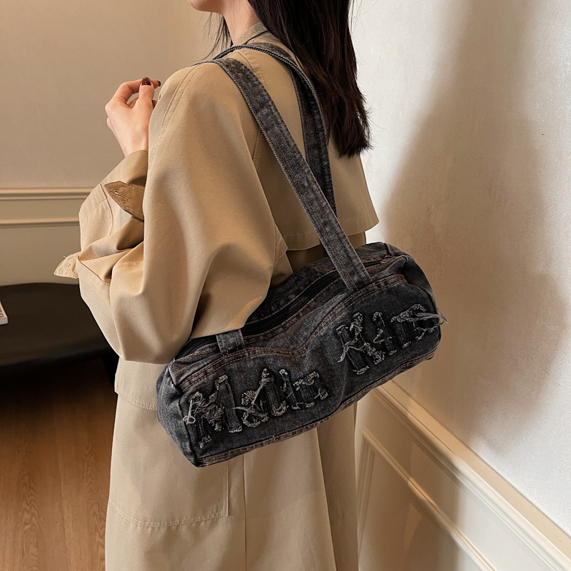 Korean Matinkim Denim Casual Underarm Shoulder Bag, Trendy And Cool, Large Capacity Bowling Tote Bag