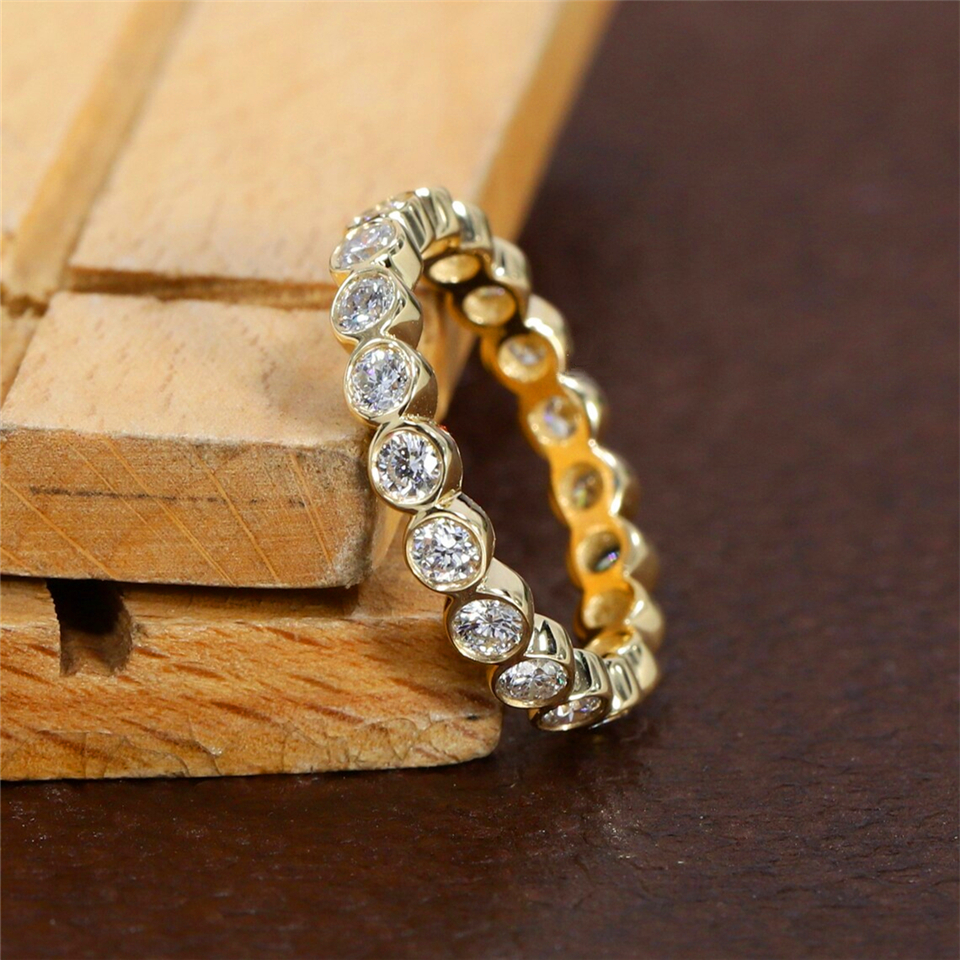 JY Jewelry 14K Rose Sollid Gold Round 2.0mm Bezel Set Lab Diamond Full Eternity Band Ring 18K Solid Gold Stackable Wedding Ring For Women Gift