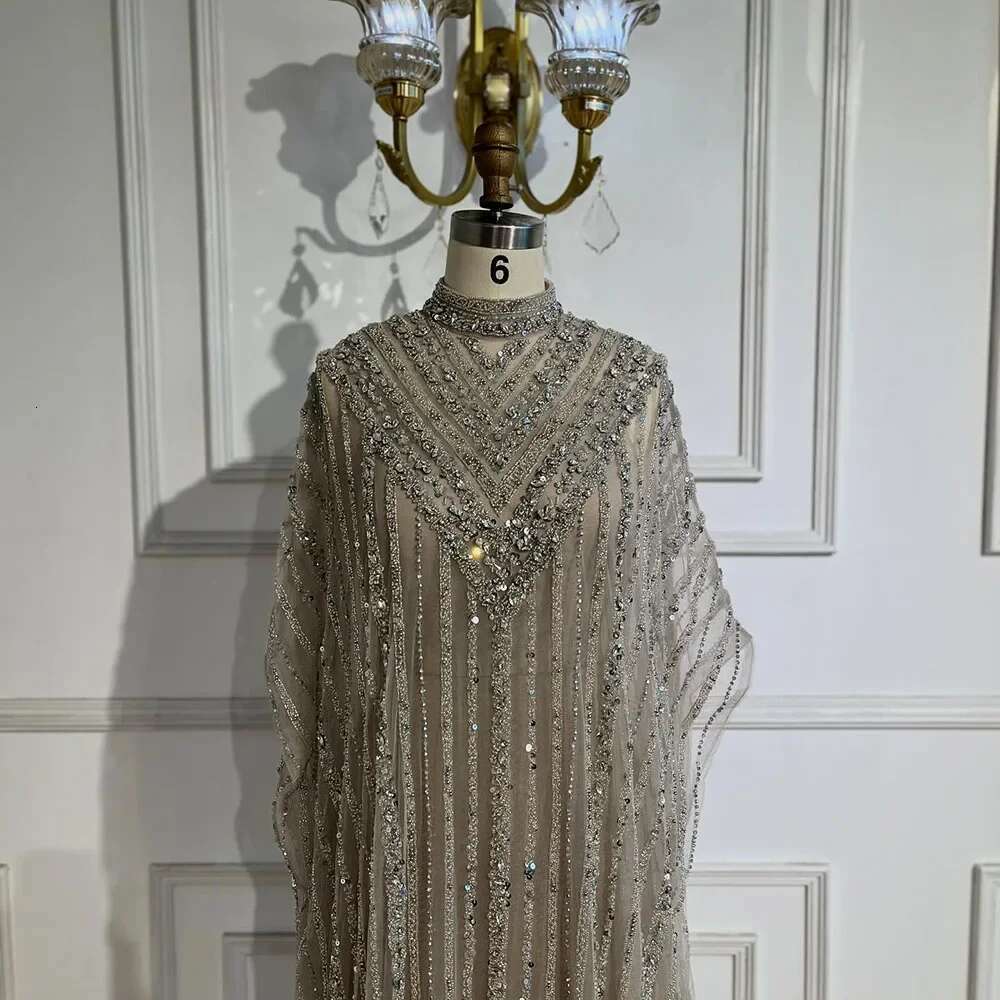 Sier Dubai Nude Cape Mermaid Arabic Evening Dress Gowns With Beaded Customize Party BLA
