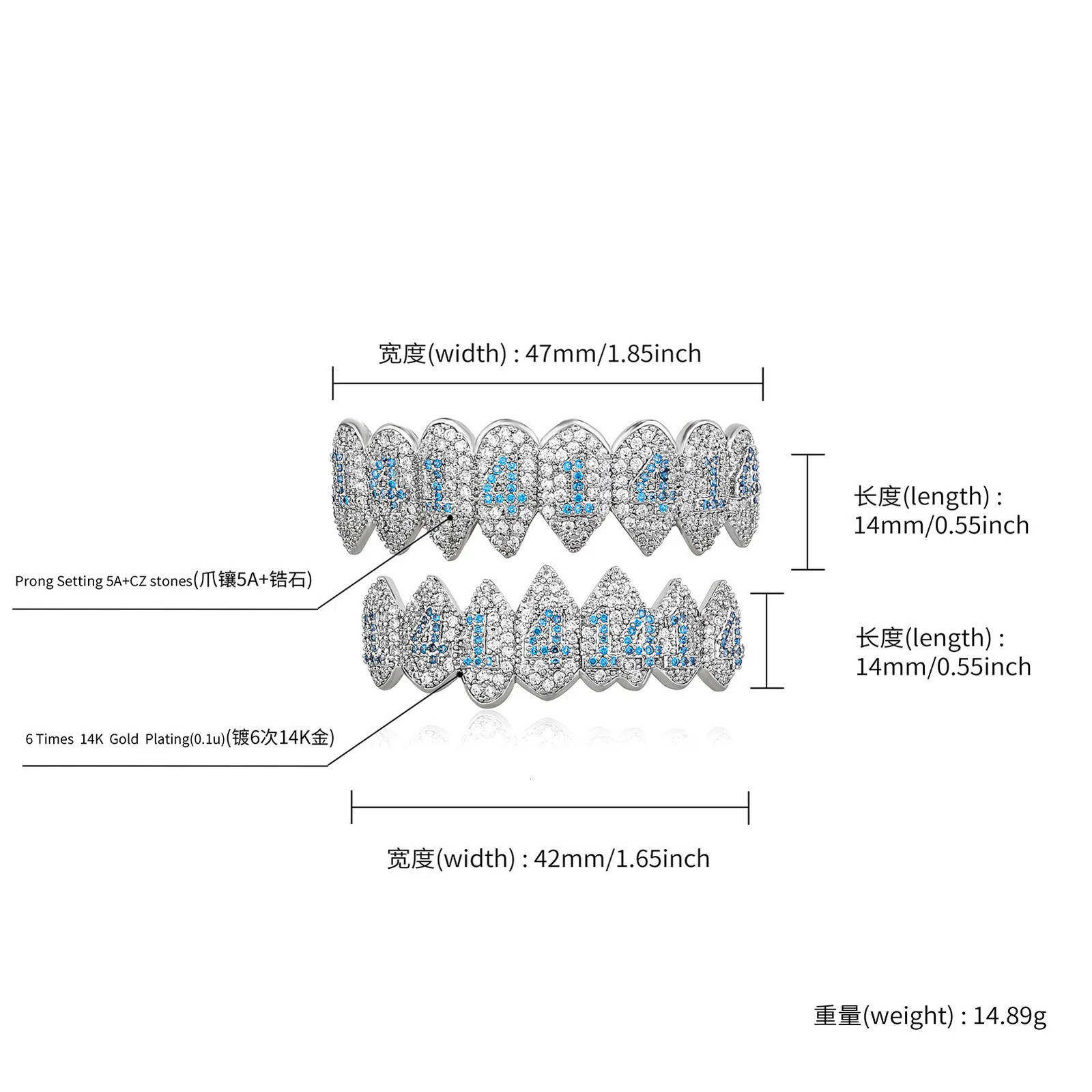 RACHELZ Hip Hop Blue Number 14 CZ Stone Teeth Grills Braces Full Shiny Zircon Tooth Caps For Women Men Jewelry Top Bottom Fangs 250219