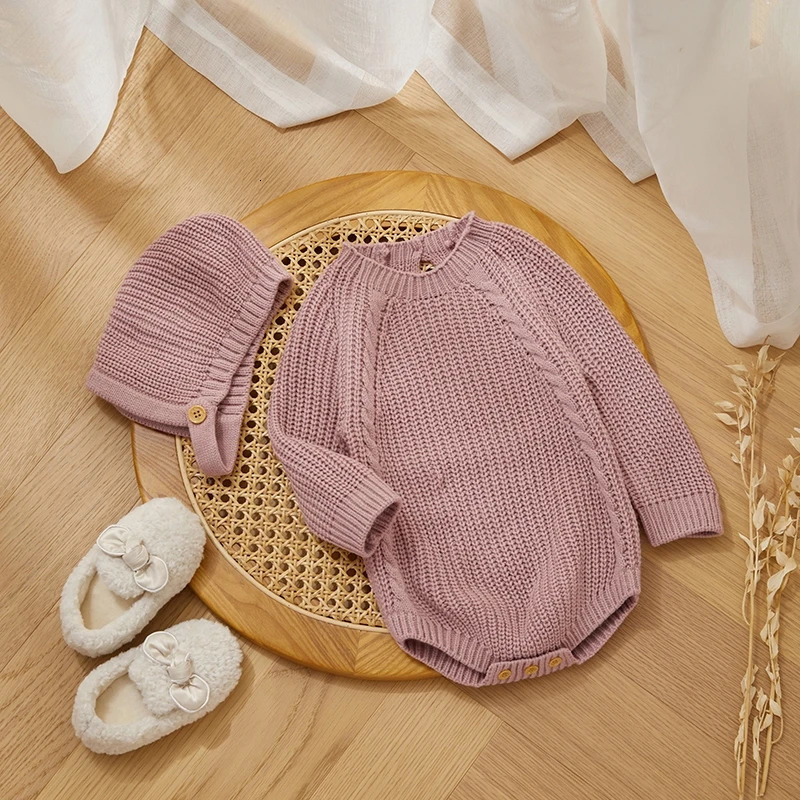Winter Warm Baby Girls Boys Clothes Knit Romper Sweater Toddler Long Sleeve Solid Knitwear Jumpsuit with Hat for Kid Fall Outfit 250220