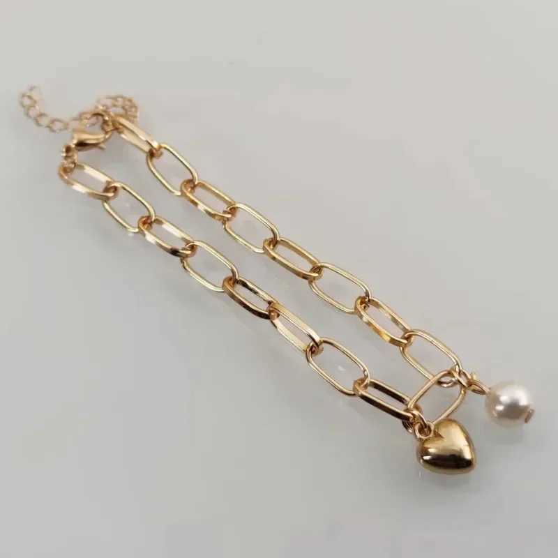 1PCS Fashion Korean Style Pearl Heart Pendant Bracelet Woman Simple Vintage Stainl Steel Chain Bracelet Jewelry AccoriesXJ250219