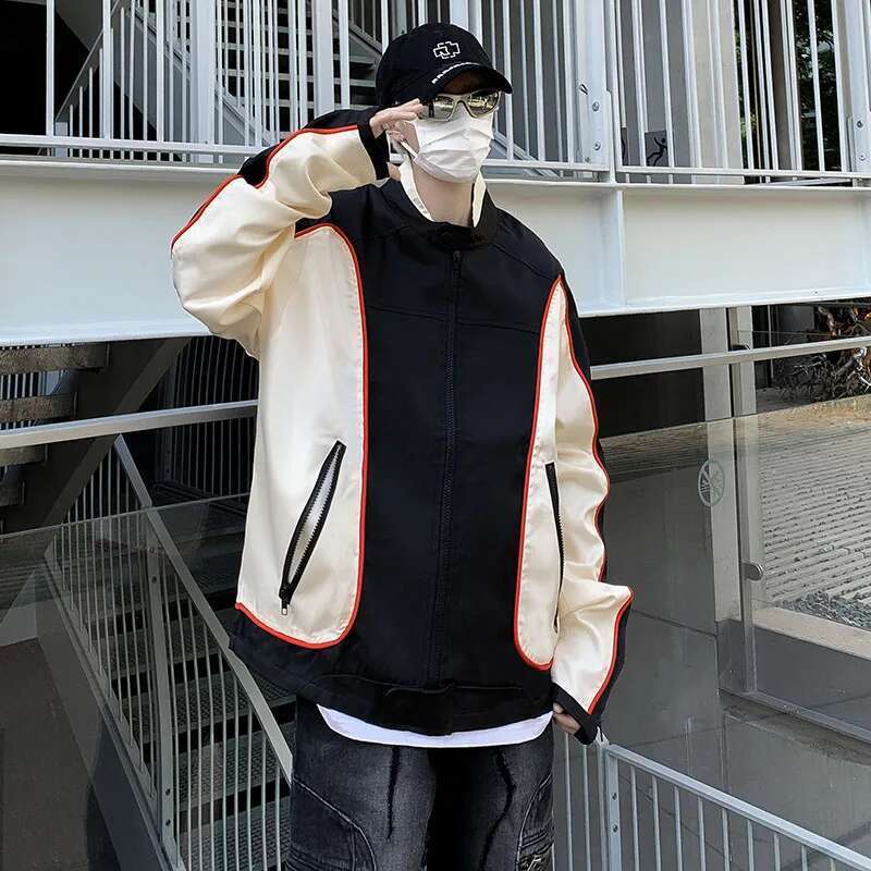 Retro American Motorcycle Jacket for Men, Zipper Closure Coat, Patchwork, for Document Subscribers, Baseball Uniform, for Couple, High Street Racing, 
