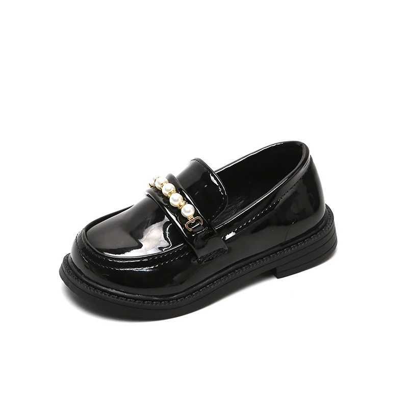 Girls Leather Shoes for School Party Wedding Kids Black Loafers Slip-on Children Flats Fashion British Style Pearls Beading New X250220