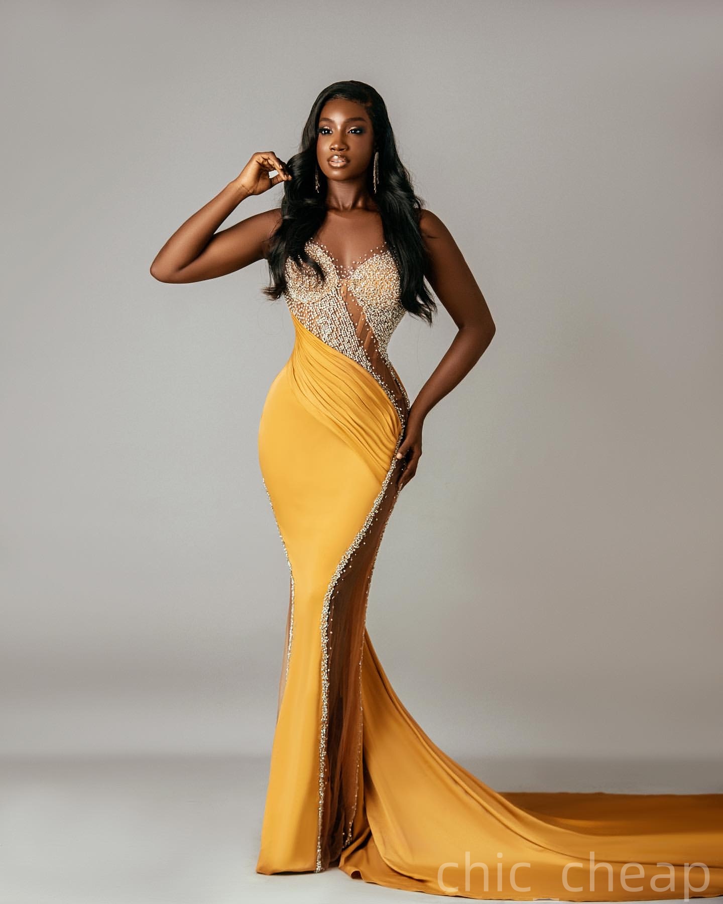 Yellow Illusion Mermaid Prom Dresses 2025 Satin Beaded Sheer Neck Evening Formal Party Second Birthday Engagement Gowns Plus Size Dress For Special Oc