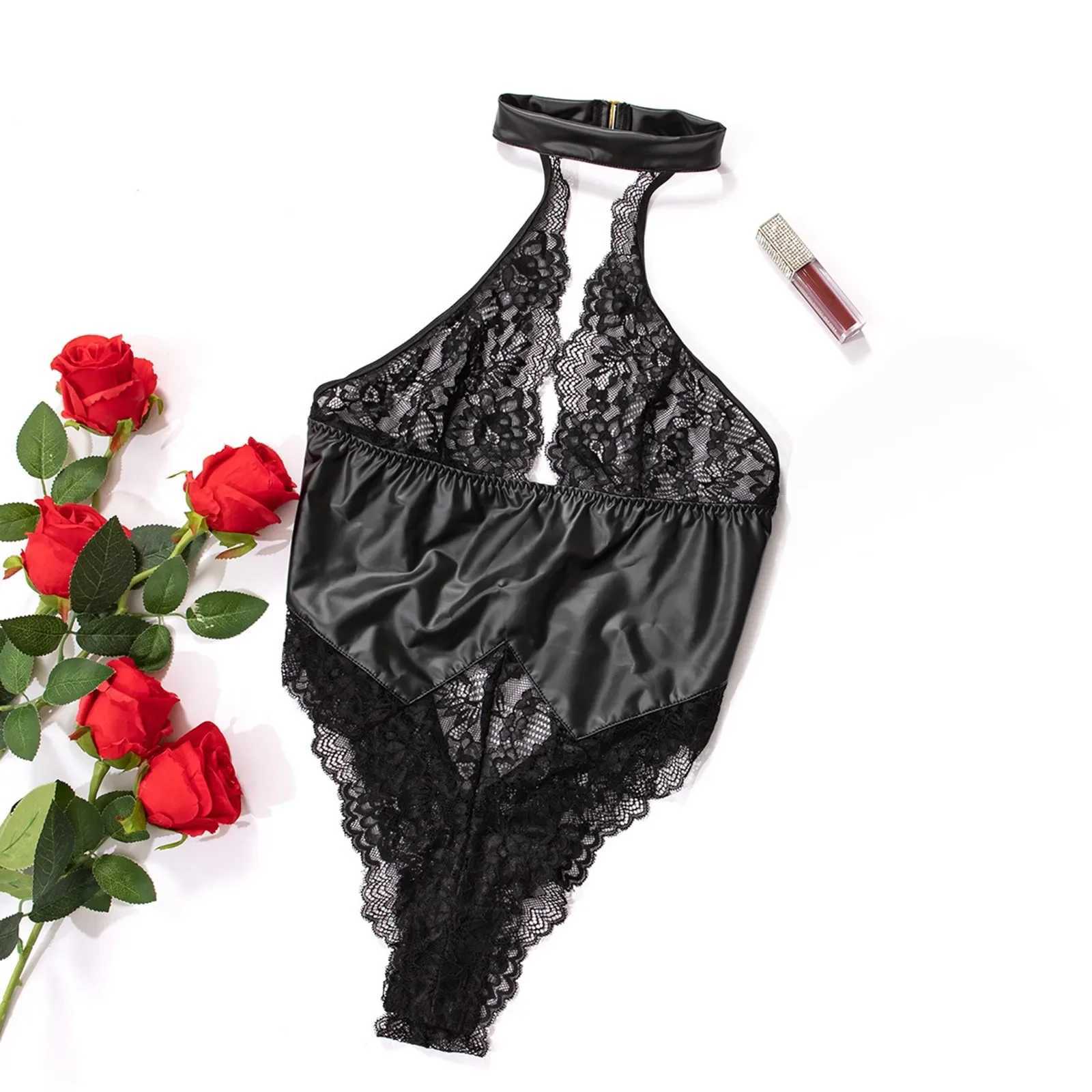 Porn PU Latex Leather Bodysuit Women Sexy Lingerie Underwear Halter Lace Body Suit Babydolls Teddies Costume W250220