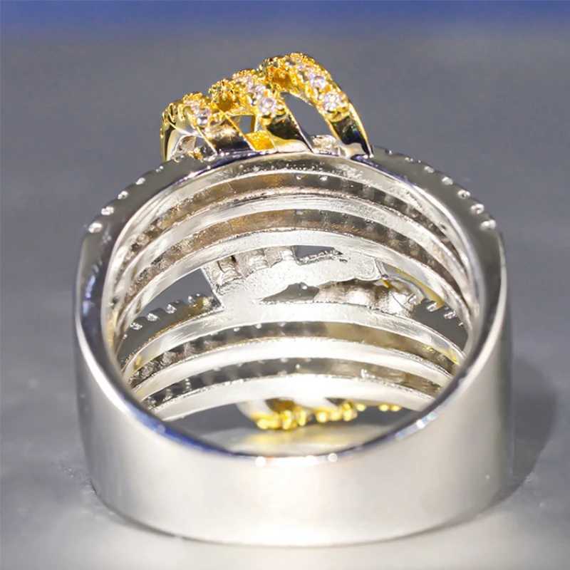 Huitan Huachen Layered Cross Wide Ring with Luxury Jewelry Engagement Wedding Sparkling Cubic Zirconia Accessories X250220