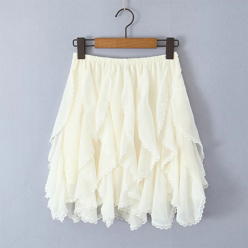 2025 Women Lace Trim Layered Fairy Aline Skirt For Beach Party Club Streetwear Elastic High Waist Summer Skirts 250220