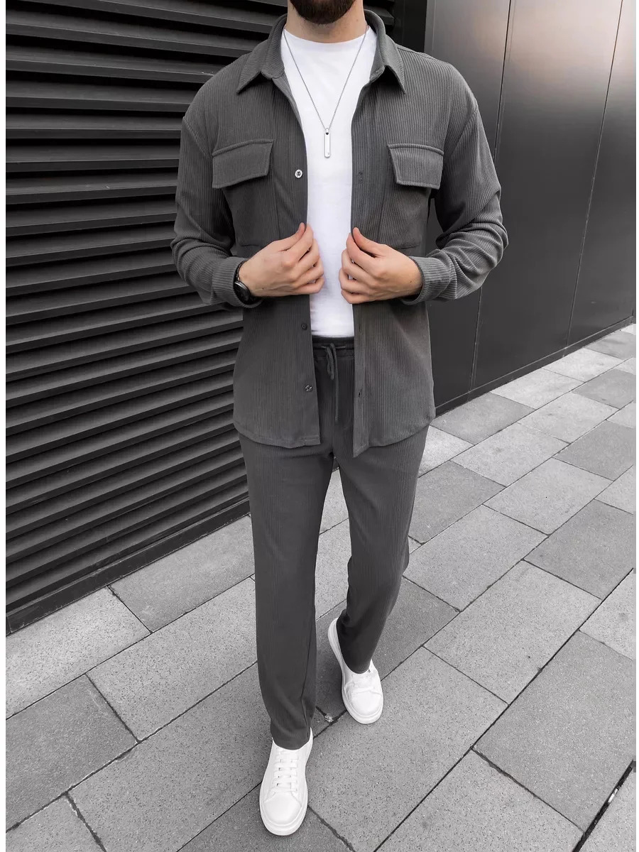 Mens simple front buckle lapel double pocket long sleeve two-piece casual sports solid color striped fashion comfortable 250220