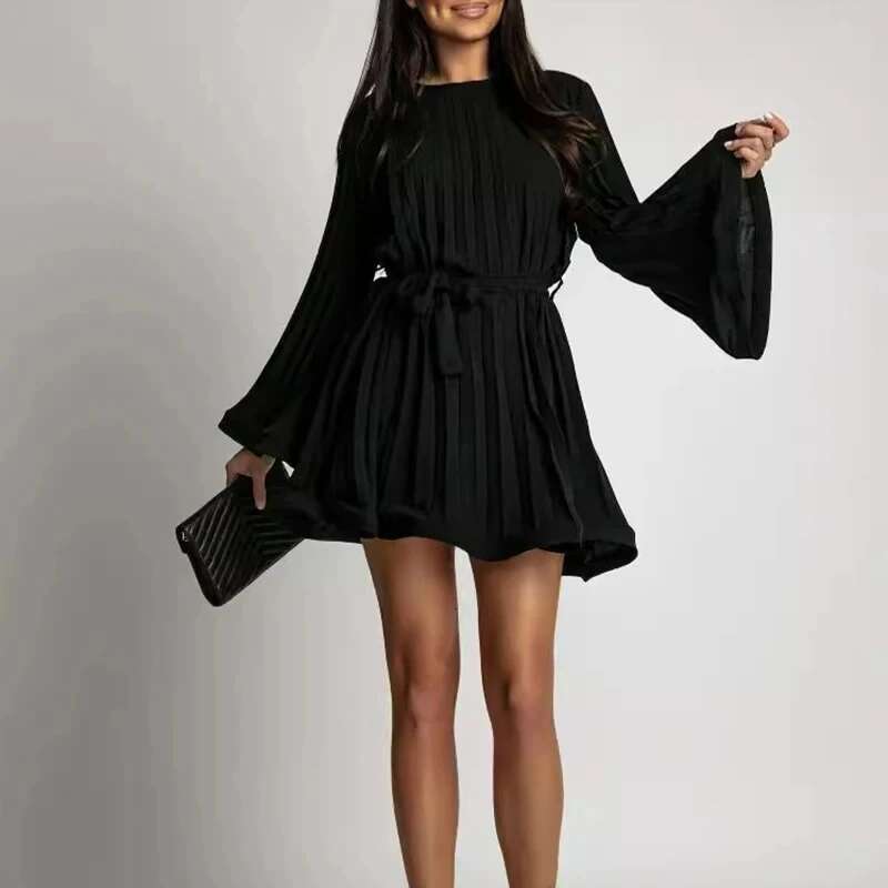 2025 08 New Spring Summer Elegant Fashion Solid Round Neck Flared Sleeve Lace-Up Pleated Mini Dress Women