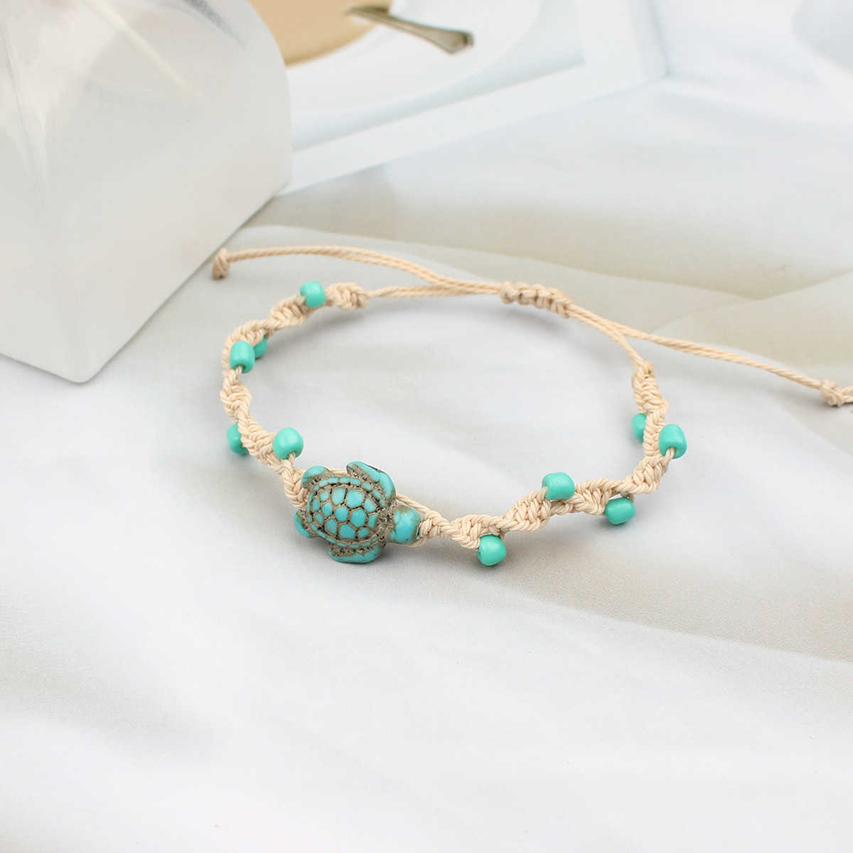 Charm Bracelets New beach vacation style turquoise turtle handmade bracelet now with adjustable hand rope for couples H25220