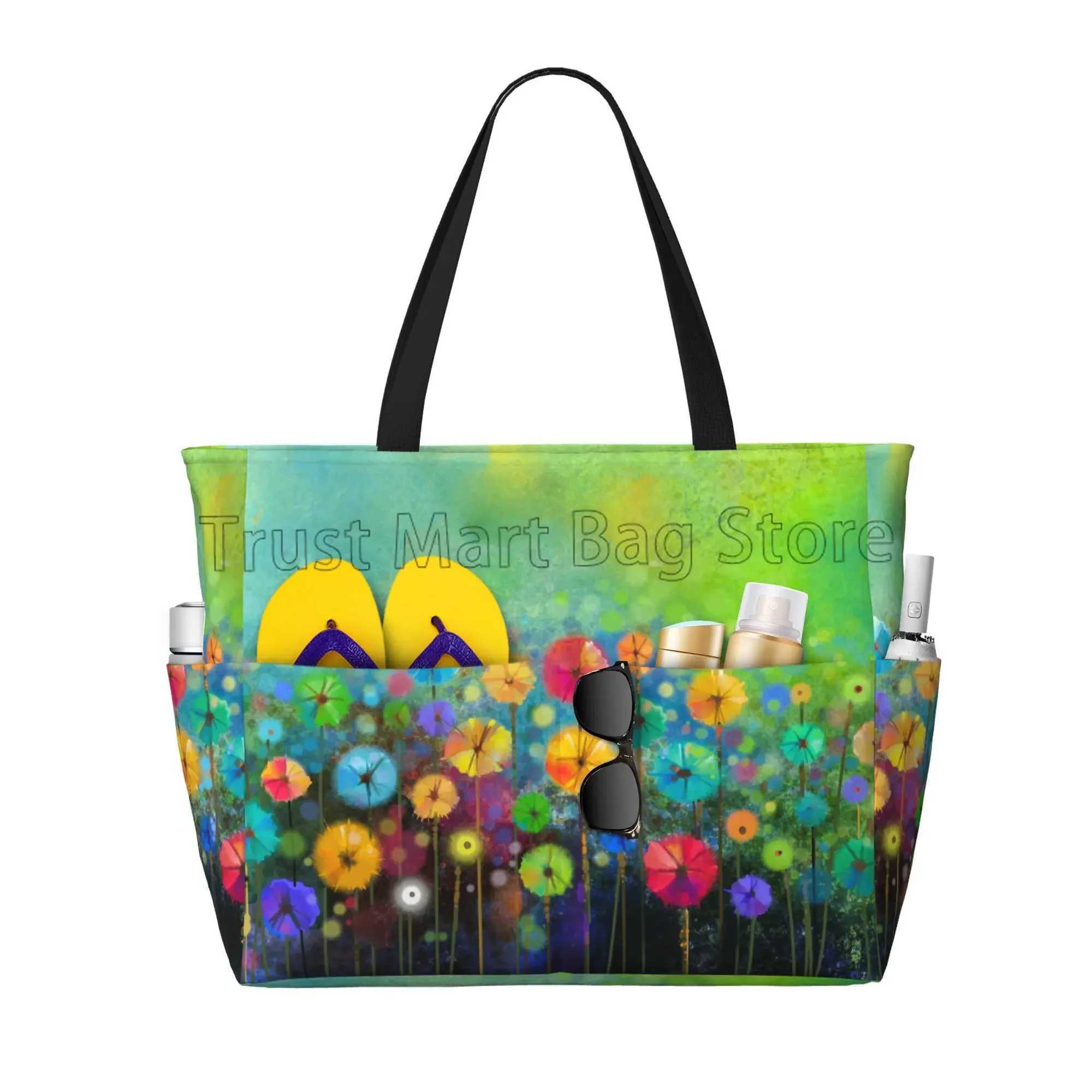 Abstract Flower Floral Watercolor Painting Large Waterproof Beach Bag for Women Sandproof Pool Tote Bag for Travel Vacation Swim Z250219