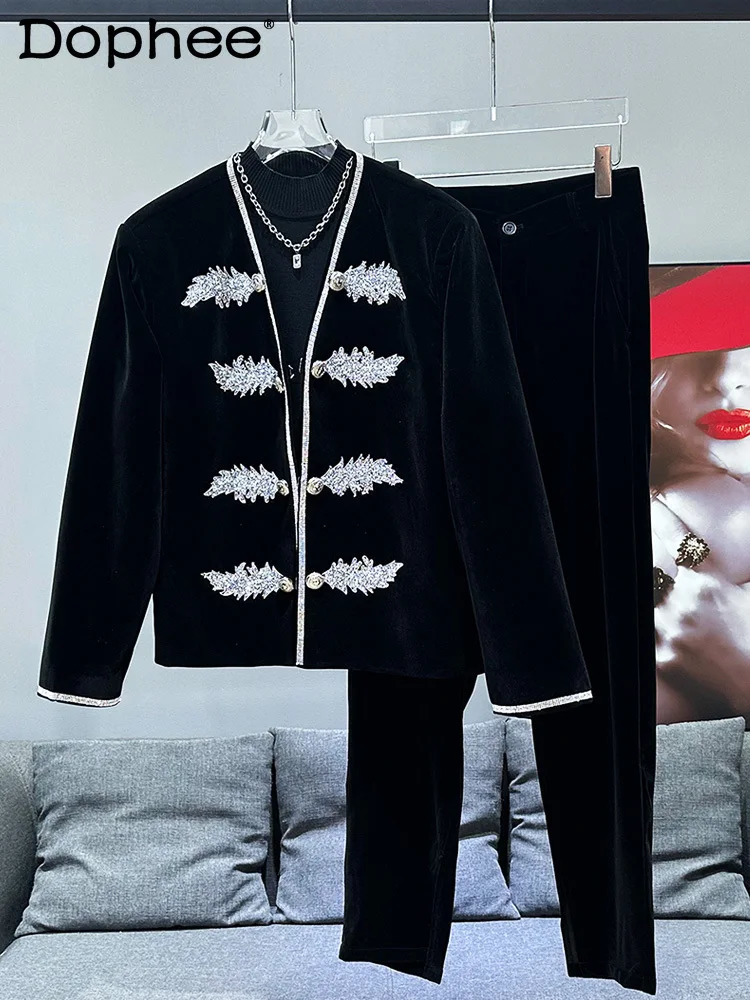 Trendy Male Velvet Two-piece Set Mens Autumn Fashion Mens Suit Mens Diamond Long-sleeve Jacket Trousers Suit 250220