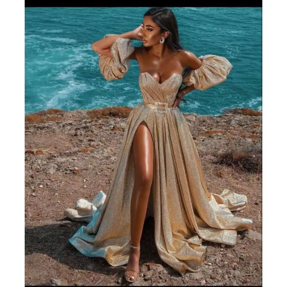 Gold Evening Dresses 2025 Sparkg Glittle Dubai Formal Gowns Sexy Sweetheart Neck High Split Party Prom Dress Arabic