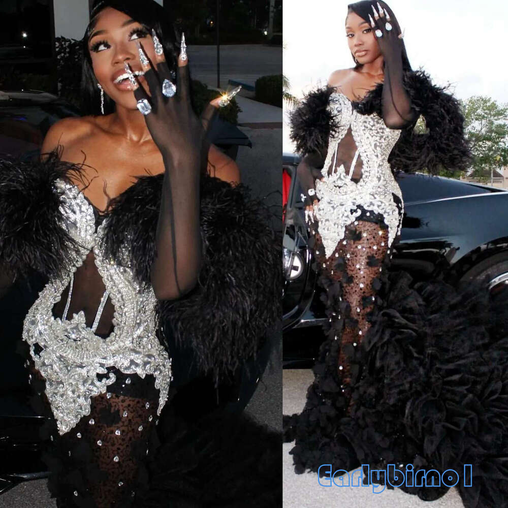 Aso Ebi Black Mermaid Prom Dresses 2025 Feather Lace Crystals Tiers Evening Formal Party Second Birthday Engagement Gowns Plus Size Dress For Special 