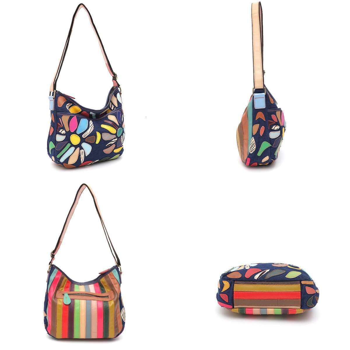 SC Random Colorful Leather Patchwork Canvas Shoulder Bag For Women Multi Pockets Cross Body Handbag Vintage Casual Daily