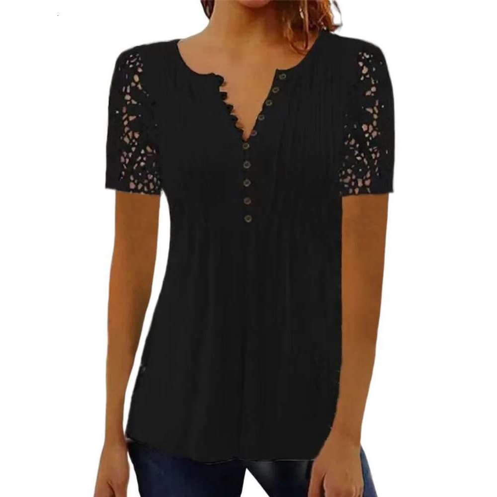 Summer Spring New Women's Loose And Comfortable Casual Lace V Neck Printed Blouse Ral Short Sleeve Elegant Fashion Shirt