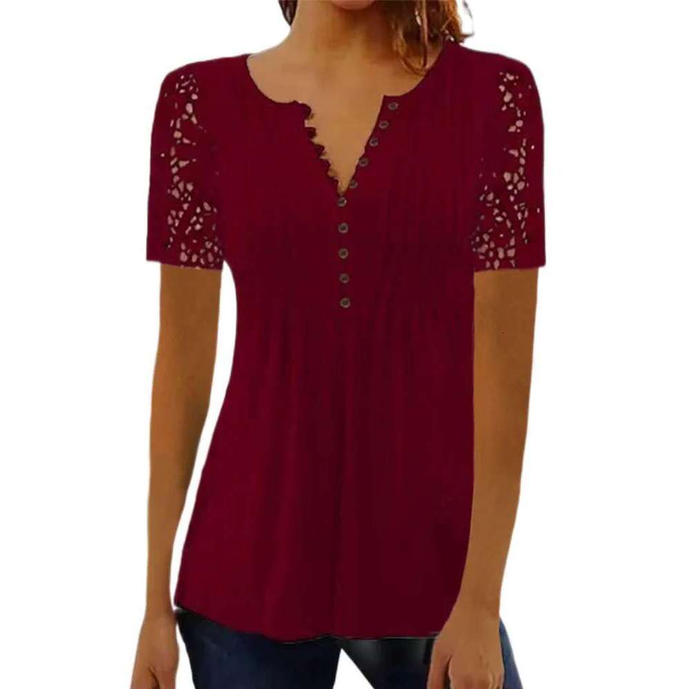 Summer Spring New Women's Loose And Comfortable Casual Lace V Neck Printed Blouse Ral Short Sleeve Elegant Fashion Shirt