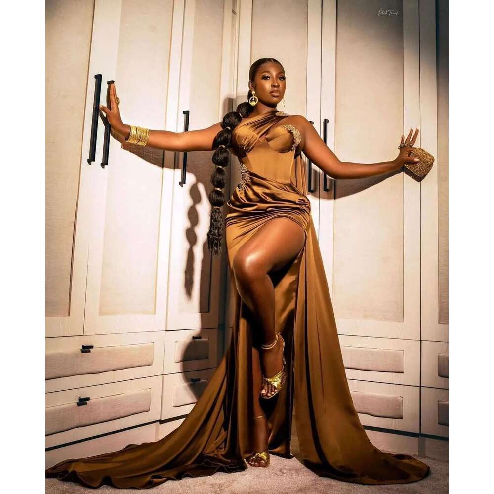 Soft Satin Party Evening Long 2025 One Shoulder Beads High Slit African Prom Graduation Dresses Customized