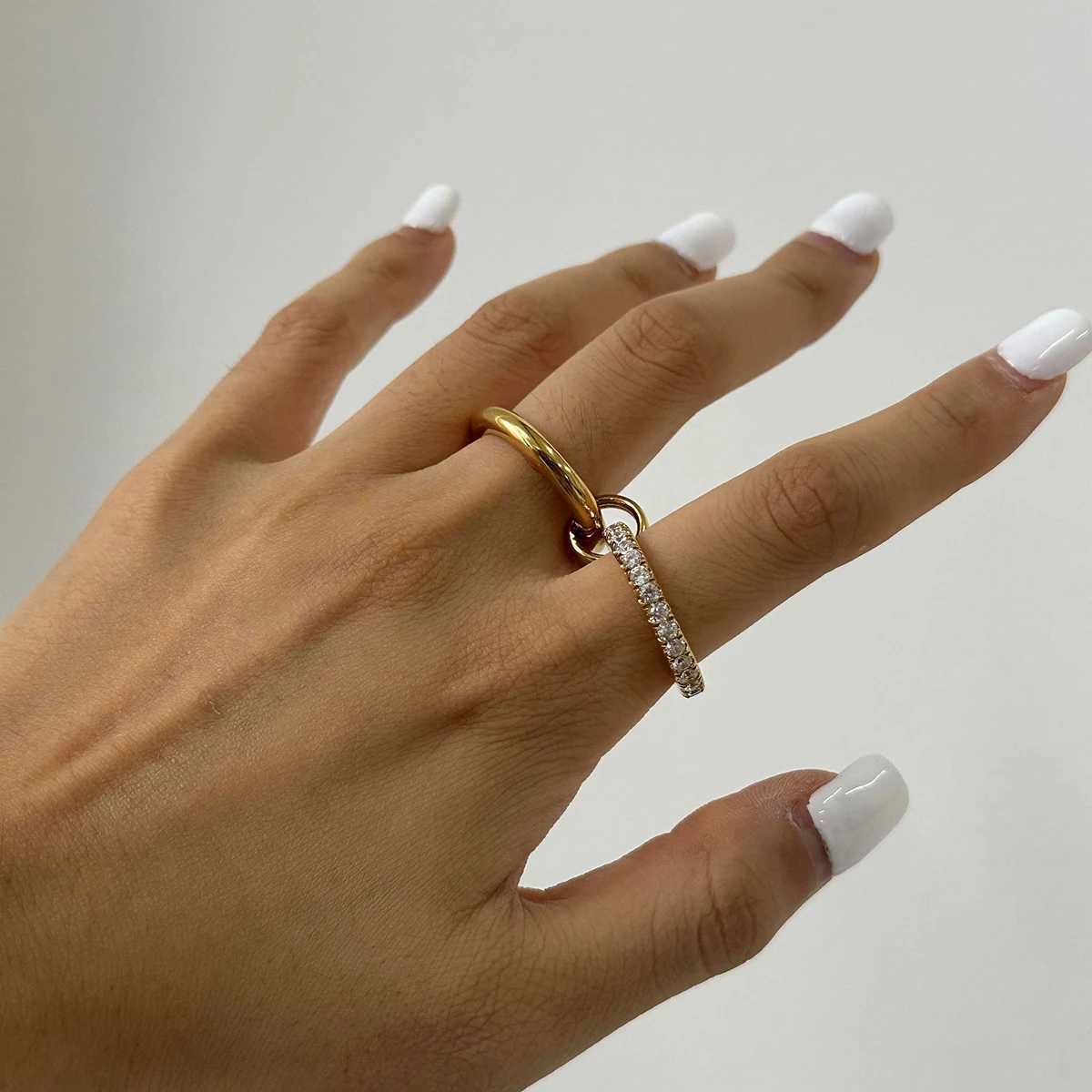Youthway Minimalism Glossy Stainless Steel White Cubic Zirconia Inlaid Double Layer Ring Waterproof Jewelry Gift X250220