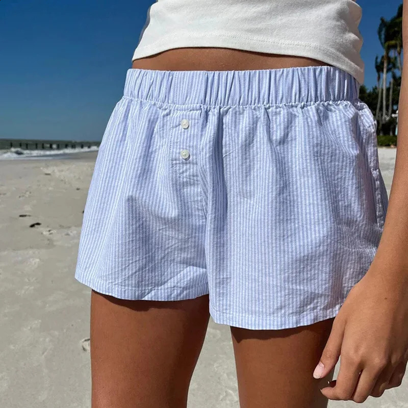 Baggy Stripe Shorts Y2k Loungwear Summer Women Casual Holidays Beach Short Pants Outfits with Pocket Plaid Pajama Short Homewear 250217