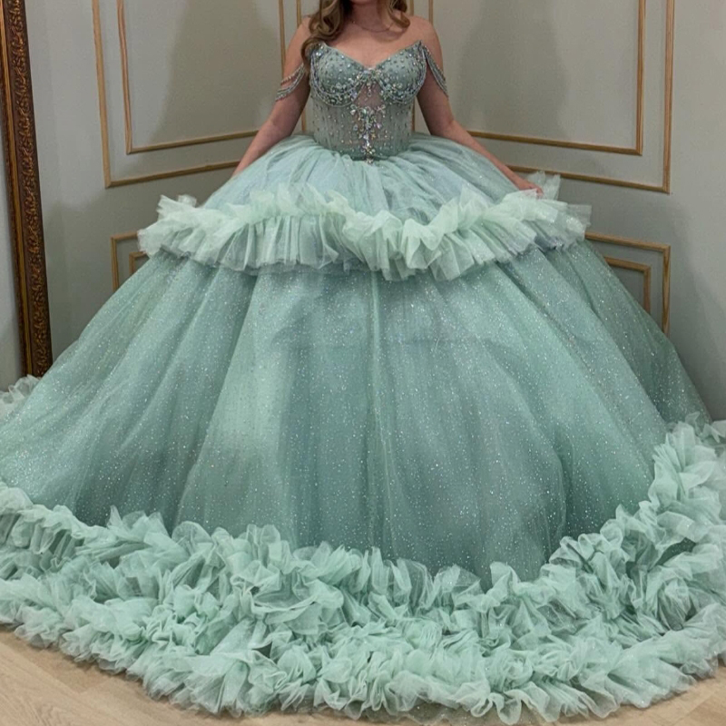 Mint Green Shiny Quinceanera Dresses Ball Gown Off Shoulder Beading Crystal Tull Tiered Sweet 16 Dress Vestidos 15 De Anos