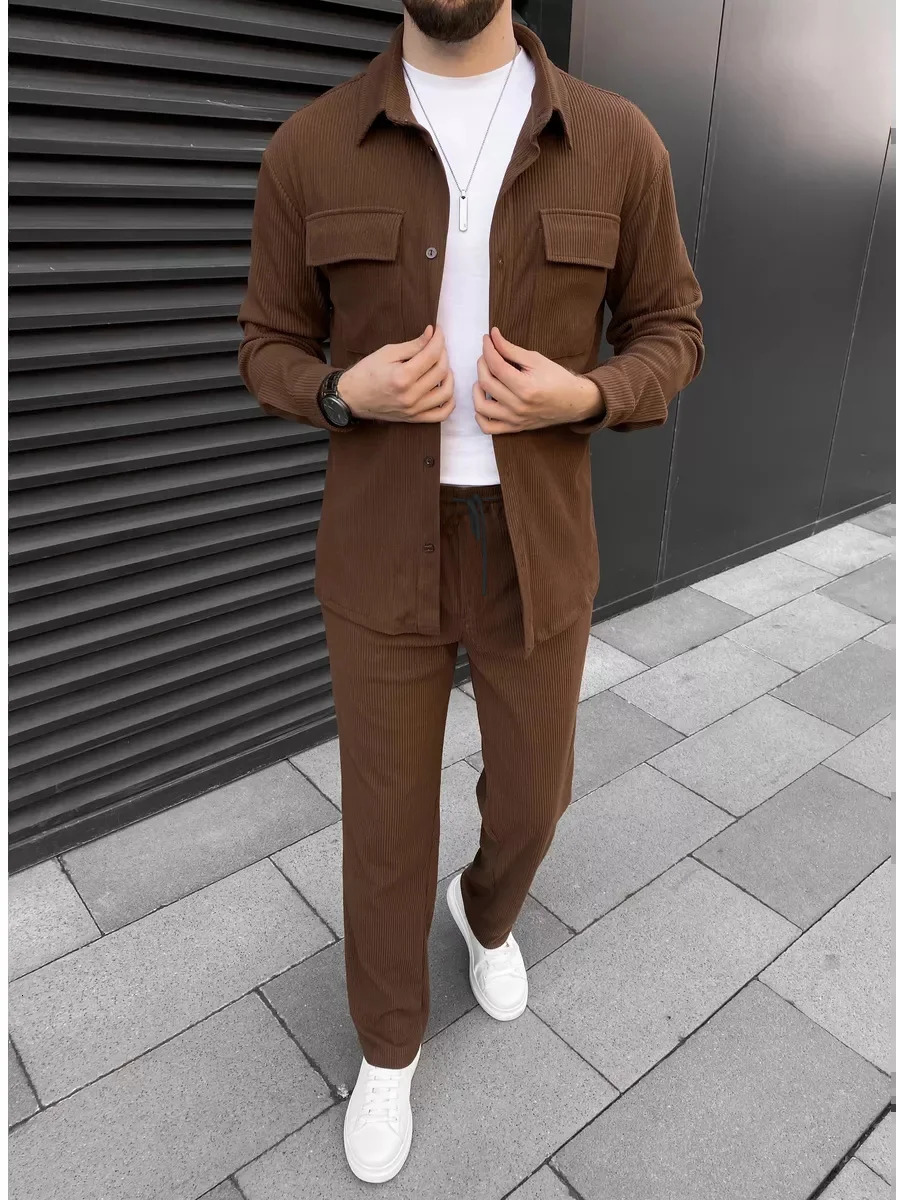 Mens simple front buckle lapel double pocket long sleeve two-piece casual sports solid color striped fashion comfortable 250220