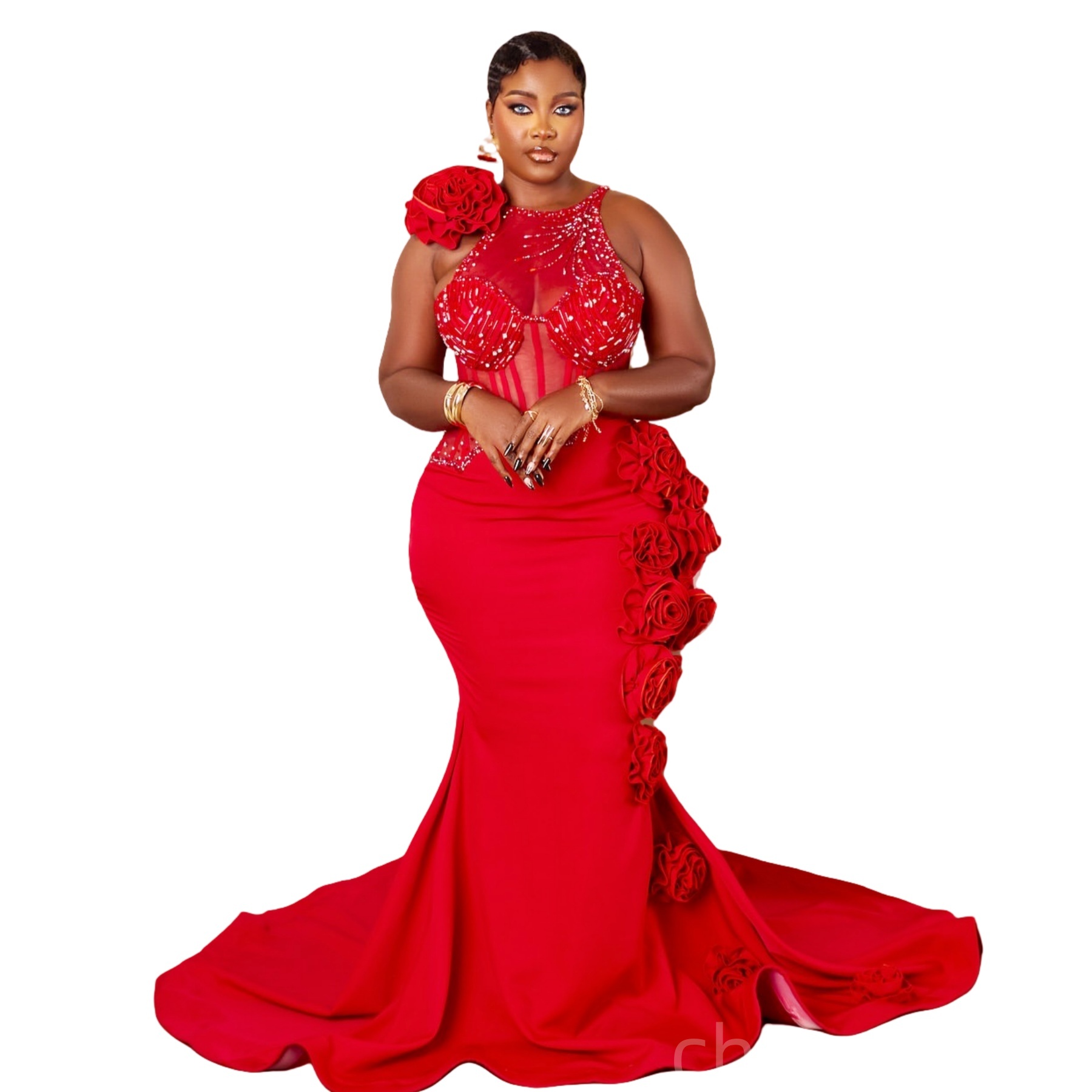 Red Mermaid Prom Dresses 2025 Flowers Beaded Satin Sheer Neck Evening Formal Party Second Birthday Engagement Gowns Plus Size Dress For Special Occasi