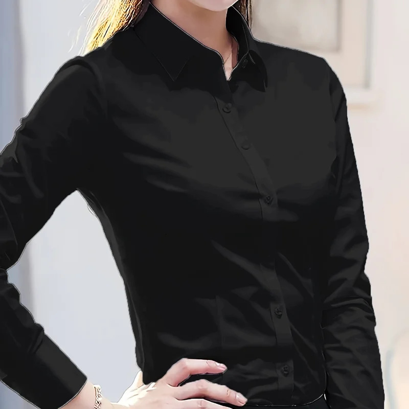 Elegant AllSeason Solid Shirt Slim Button Tops Fashion White Turndown Collar Womens Long Sleeve Blouse 250219
