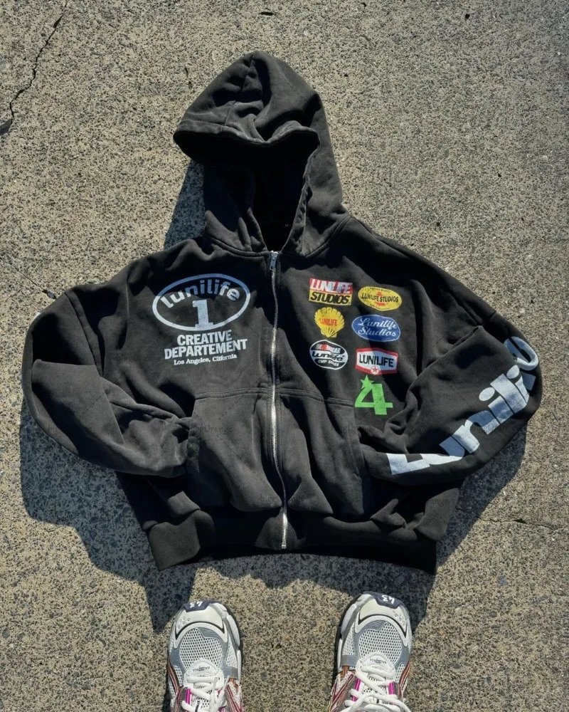 Trend Harajuku Streetwear Jacket American Retro Badge Printed Zipper Hoodie Men Hiphop Punk Casual Oversized Sweatshirt 250219