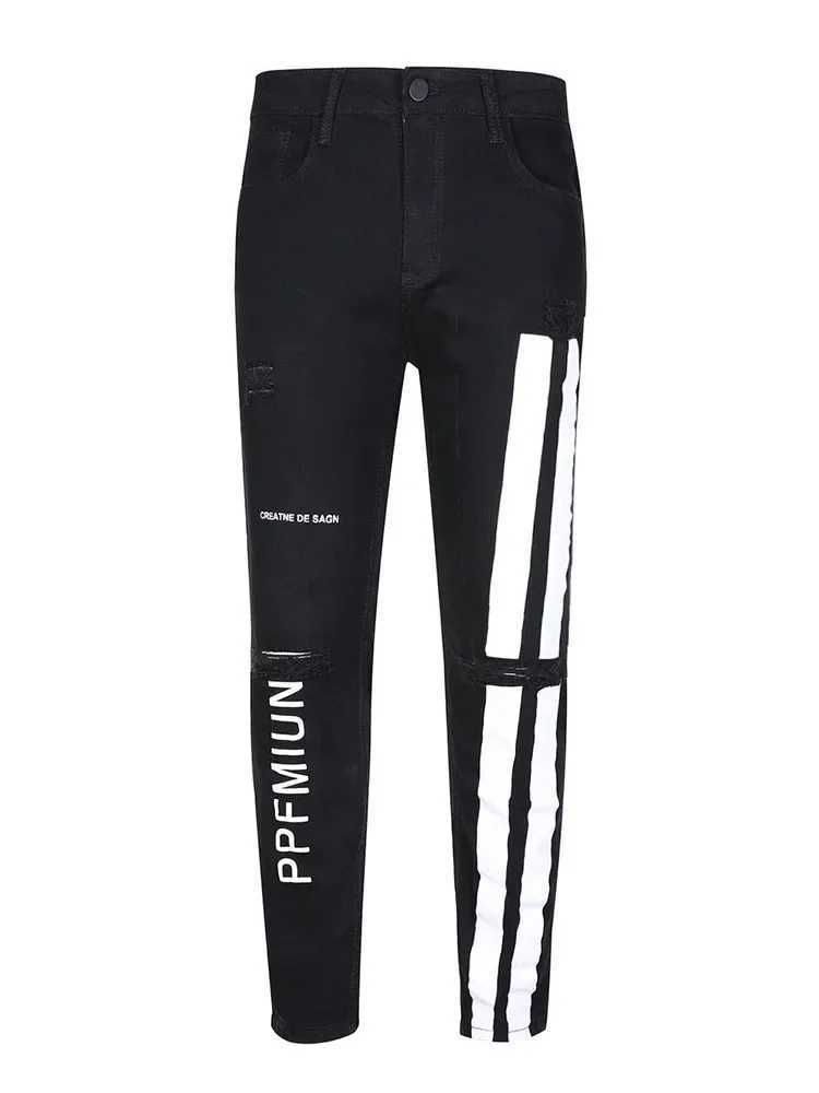 Stripe printing Jeans Men Cotton Stretchy Ripped Skinny Jeans High Quality Hip Hop Black Hole Slim Fit Oversize Denim Pants X250220