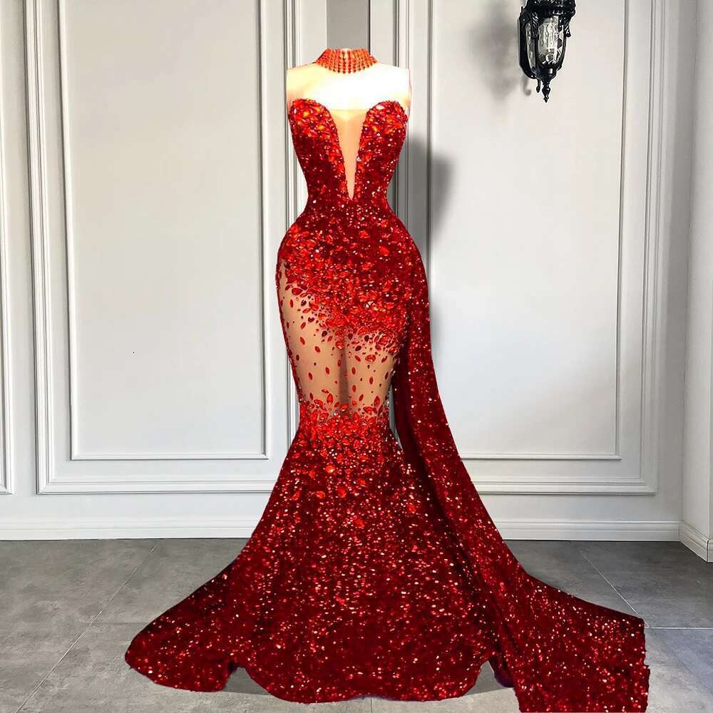 New Arrival Sexy Mermaid 2025 Sweetheart Crystals Black Girls Red Lanterns Up The Floor Ball Gowns prom