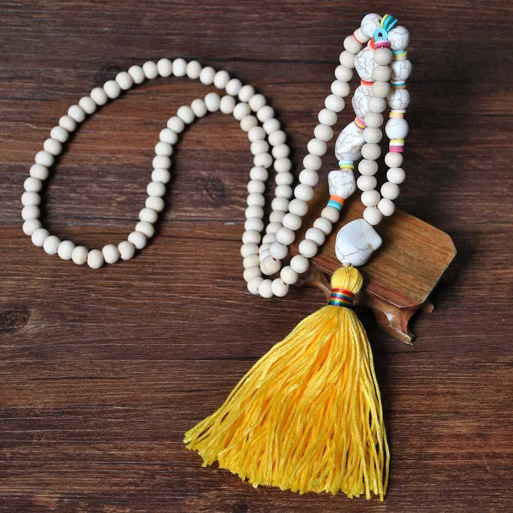 Pendant Necklaces Colorful tassel white wood bead long necklace for women Bohemian irregular turquoise soft pottery bead sweater chain hanging chain H