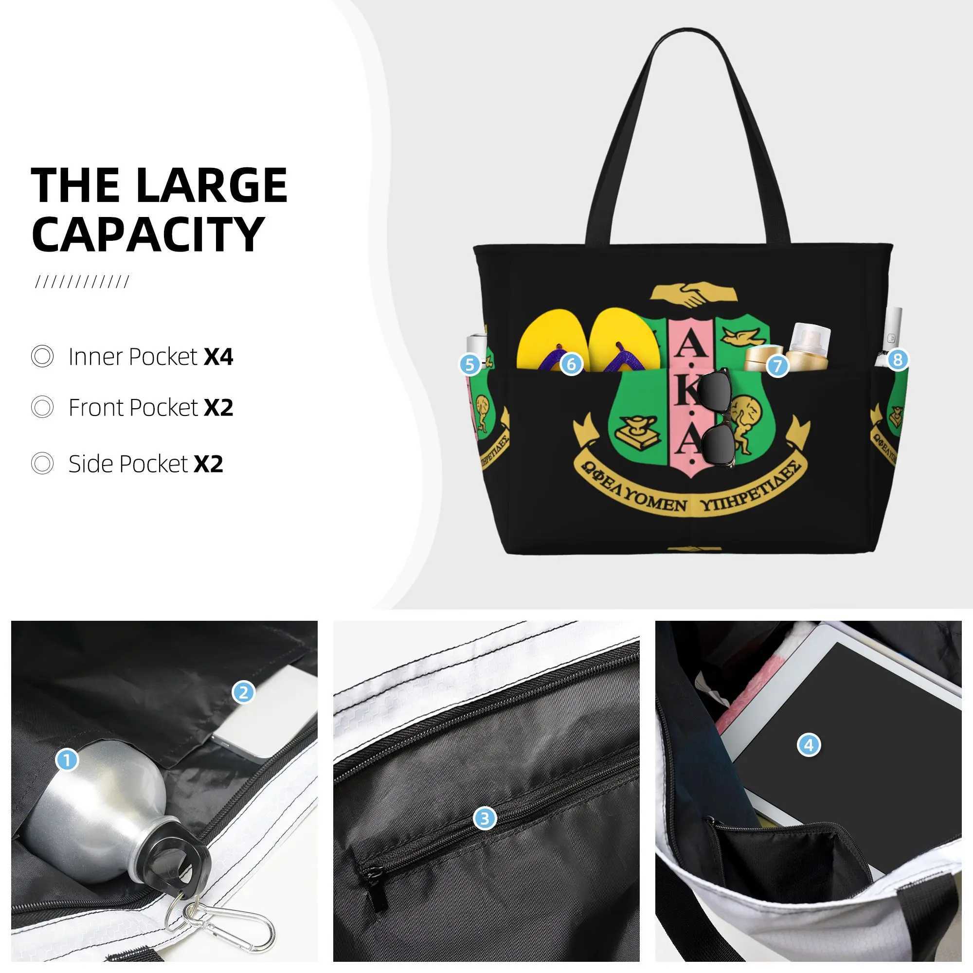 AKA Sorority Large Waterproof Beach Bag for Women Sandproof Pool Bag Tote Bag with Zipper and Pockets for Gym Travel Vacation Z250219