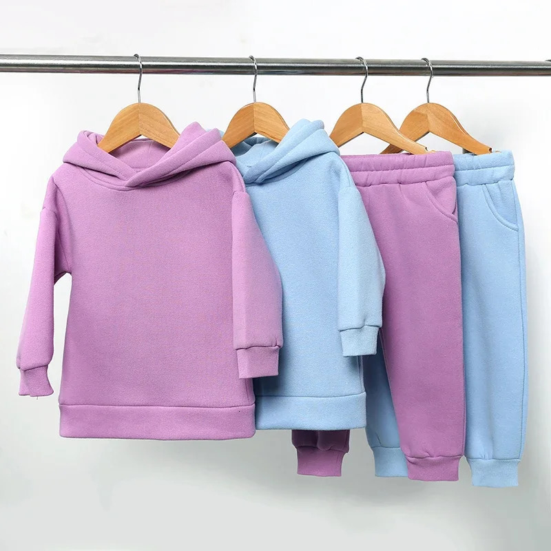 2025 Kid Boys Clothing Tracksuit 2 Pieces Set Warm Fleece Plain Top SweatshirtPants Loungewear Suit Children Girl Clothes 1-13T 250220