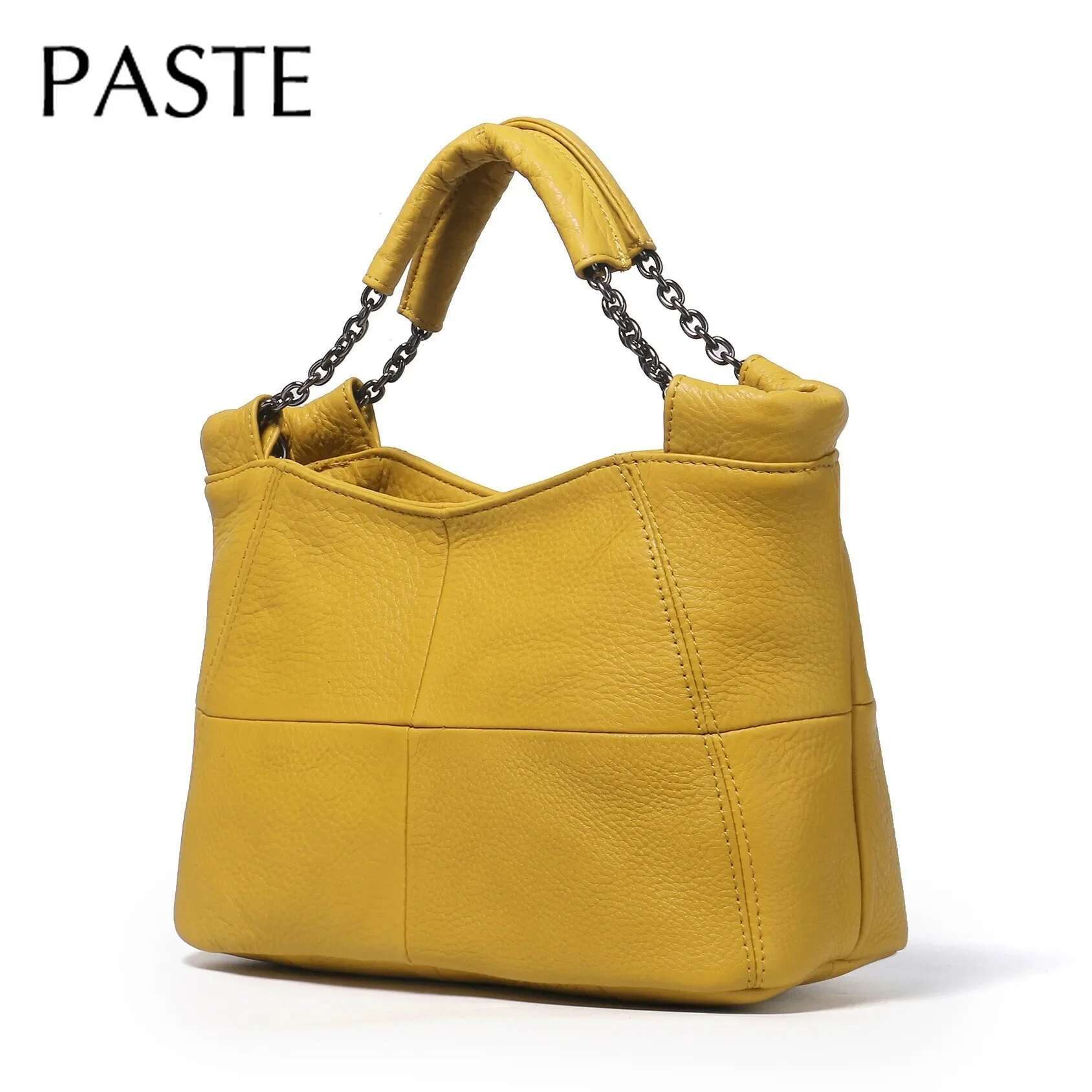 Splicing Together Design Chain Handle Casual Tote Natural Cow Leather Women's Handbag Soft Yellow Grey Shoulder Bag For Mom