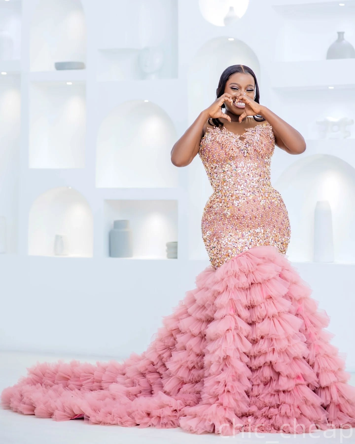 Blush Pink Mermaid Prom Dresses 2025 Beaded Crystals Sequined Tiers Evening Formal Party Second Birthday Engagement Gowns Plus Size Dress For Special 