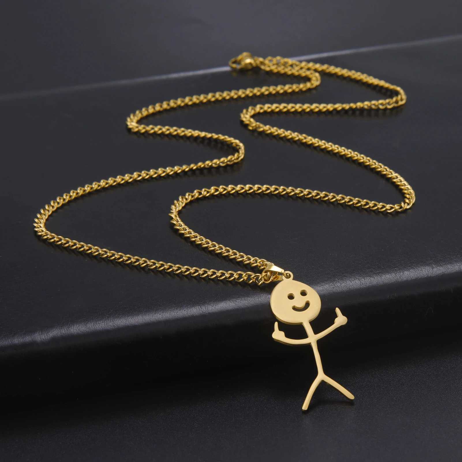 Skyrim Hip Hop Doodle Necklace for Men Women Stainl Steel Long Neck Chain Fashion Middle Finger Stickman Jewelry NewXJ250219