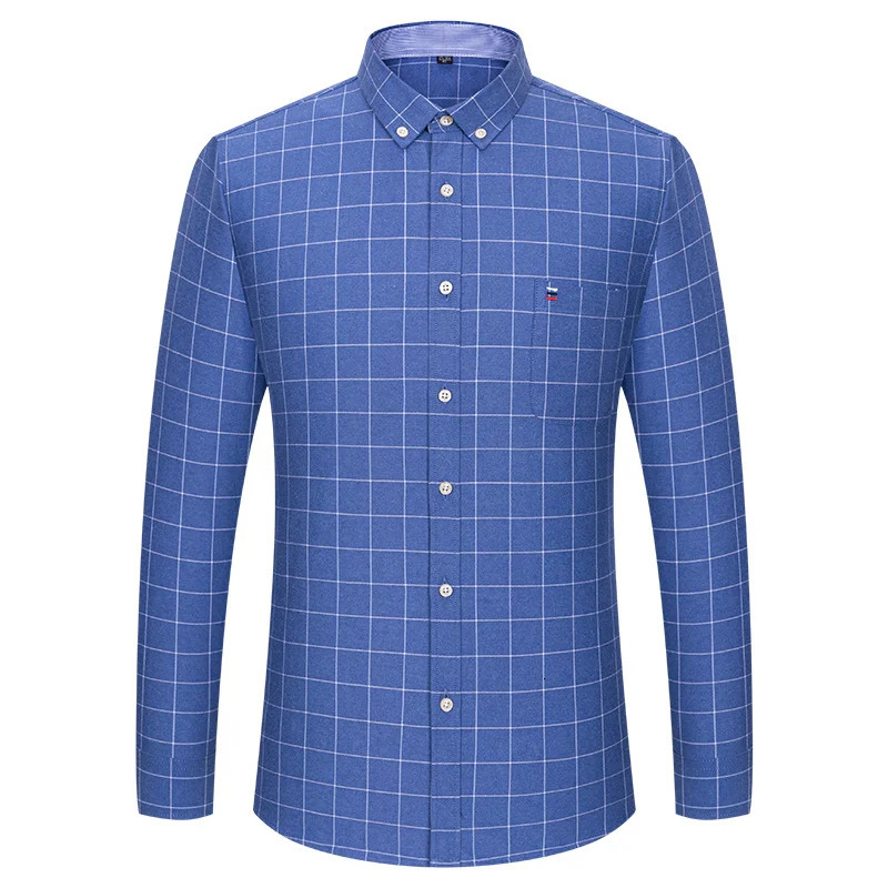 100% Cotton Oxford Men Shirts Long Sleeves Plaid Soft Regular Fit Formal Dress Shirt Pocket Social Blouse Male Clothes S-7XL 250219
