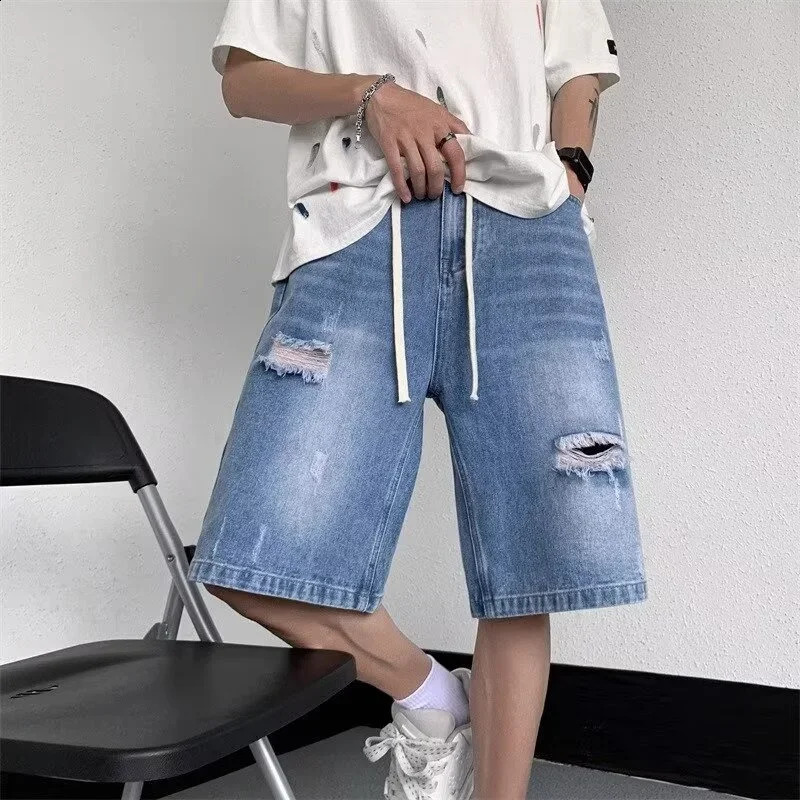 Summer Distressed Ripped Jorts Mens Drawstring Retro Fashion Denim Shorts Mens Y2K Streetwear Baggy Short Jeans Blue Bermuda 250220