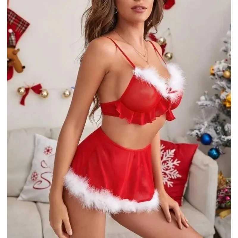 Swinol Christmas Erotic Costumes Women Sexy Lingerie Bra Skirt Thong Suit Plush Lace Tops Sex Play High Waist Sexy Sleepwear W250220