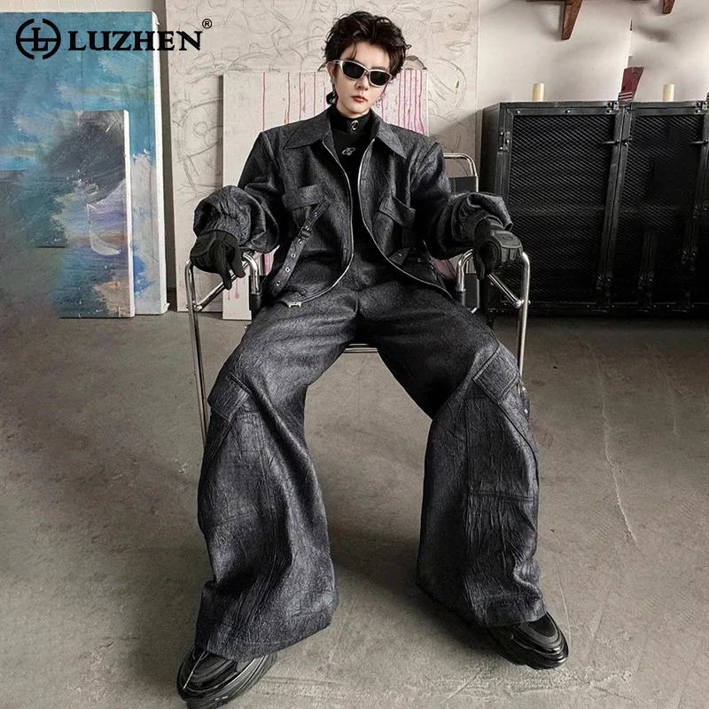 LUZHEN Original er Handsome High Street Multi Pockets Belt Mens Jacket Casual Pants Two-piece Sets LZ6420 250220